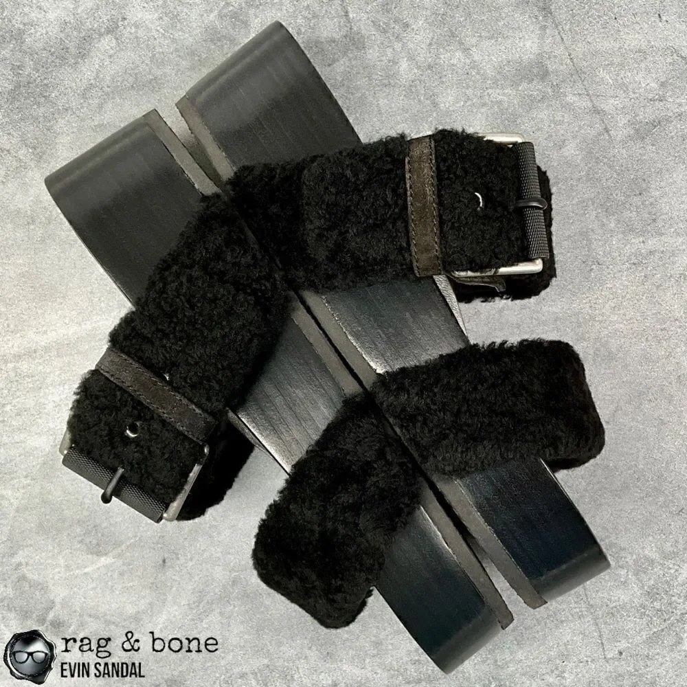 RAG & BONE EVIN GENUINE SHEARLING PLATFORM SLIDE SANDAL IN BLACK US SIZE 6 EU 36
